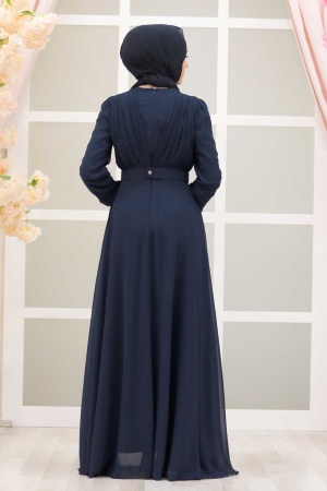 Tesettürlü Abiye Elbiseler - Robe de soirée Hijab bleu marine avec ceinture à boucle 27690L - 2