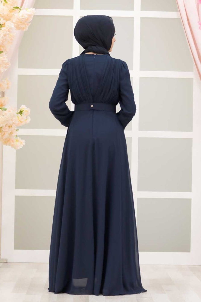 Tesettürlü Abiye Elbiseler - Robe de soirée Hijab bleu marine avec ceinture à boucle 27690L - 2