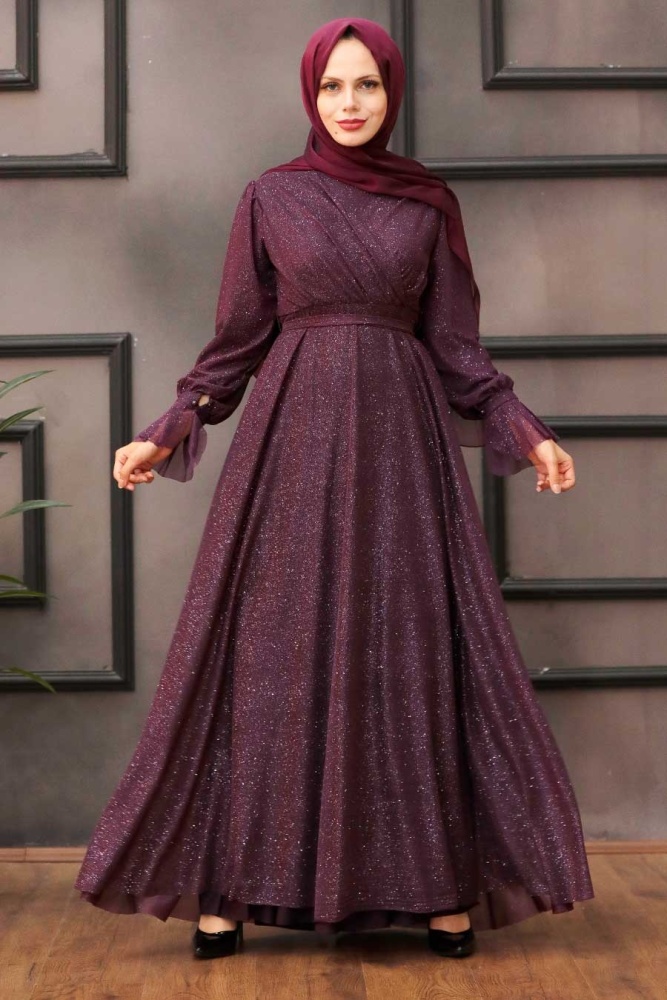 Tesettürlü Abiye Elbiseler - Robe de soirée Hijab Prune 22202MU - 1