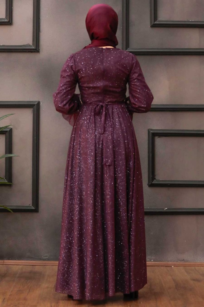 Tesettürlü Abiye Elbiseler - Robe de soirée Hijab Prune 22202MU - 2
