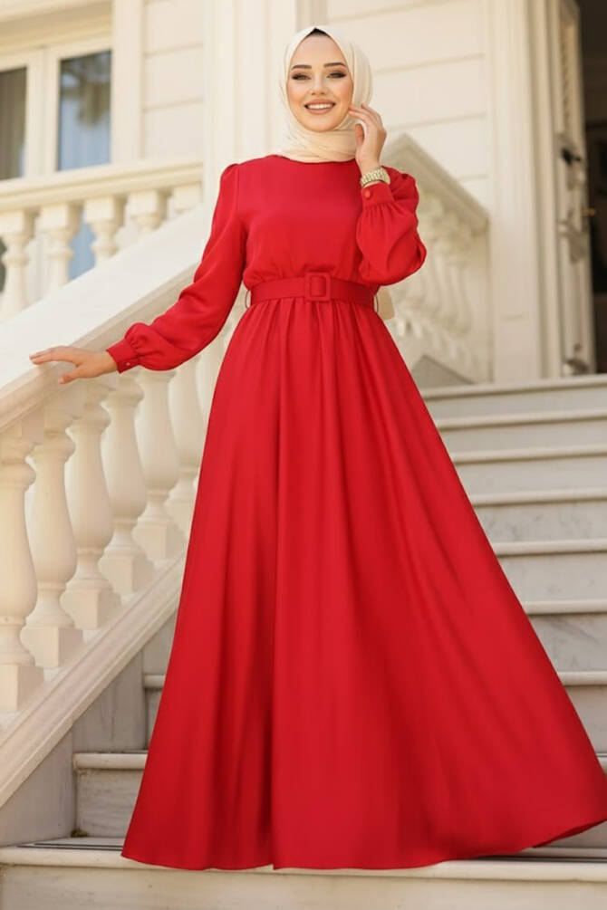 Tesettürlü Abiye Elbiseler - Robe de soirée hijab rouge 28890K - 1