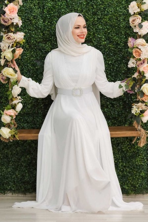 Tesettürlü Abiye Elbiseler -Robe de soirée islamique écru 27690E - 1