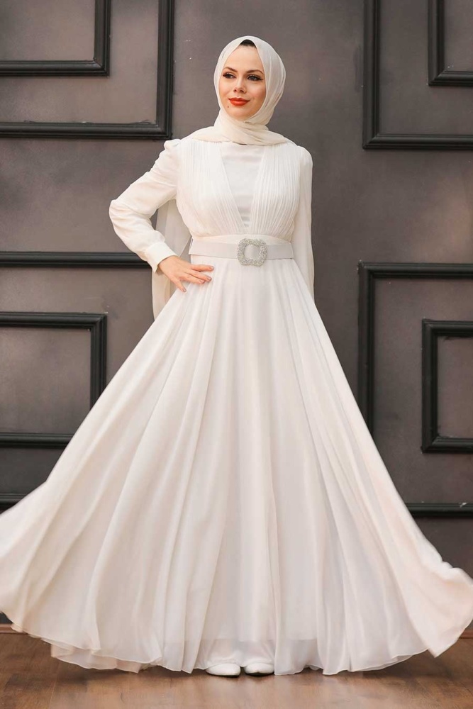 Tesettürlü Abiye Elbiseler -Robe de soirée islamique écru 27690E - 2
