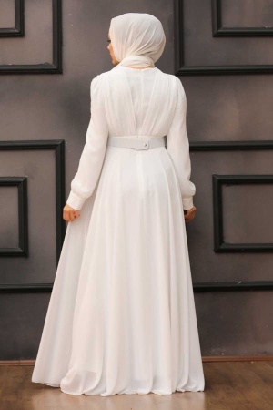 Tesettürlü Abiye Elbiseler -Robe de soirée islamique écru 27690E - 3