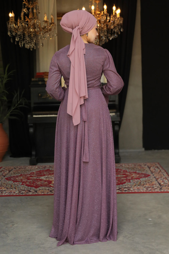 Tesettürlü Abiye Elbiseler - Robe de soirée islamique lilas foncé 22202KLILA - 3