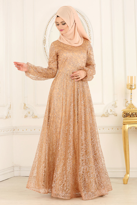 Tesettürlü Abiye Elbiseler - Simli Gold Tesettür Abiye Elbise 31480GOLD