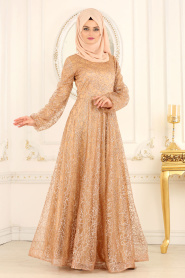 Tesettürlü Abiye Elbiseler - Simli Gold Tesettür Abiye Elbise 31480GOLD - Thumbnail