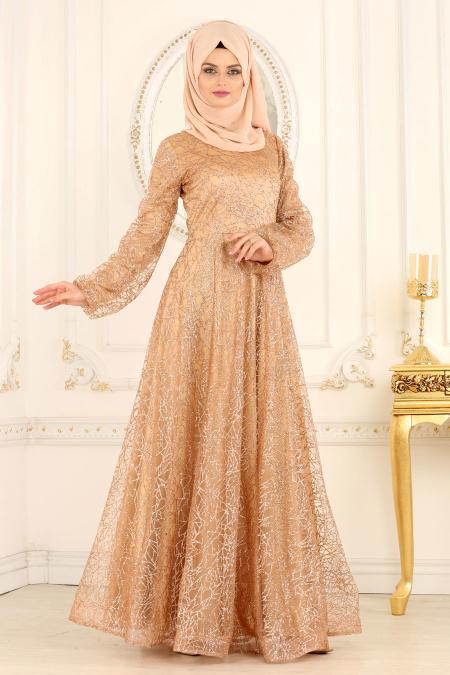 Tesettürlü Abiye Elbiseler - Simli Gold Tesettür Abiye Elbise 31480GOLD - 2