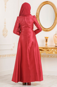 Tesettürlü Abiye Elbiseler - Tafta Kırmızı Tesettür Abiye Elbise 3755K - Thumbnail