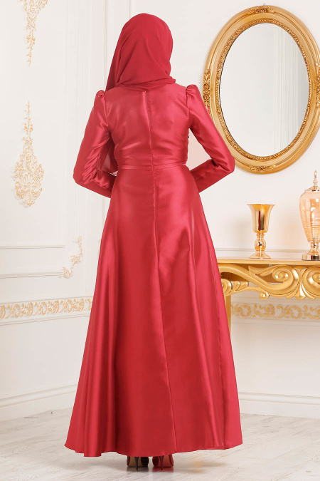 Tesettürlü Abiye Elbiseler - Tafta Kırmızı Tesettür Abiye Elbise 3755K