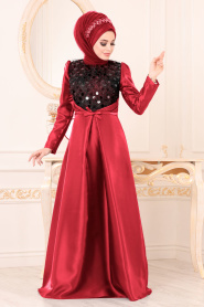 Tesettürlü Abiye Elbiseler - Tafta Kırmızı Tesettür Abiye Elbise 3755K - Thumbnail