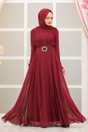 Tesettürlü Abiye Elbiseler - Tokalı Kemerli Bordo Tesettür Abiye Elbise 27690BR - TESETTÜRLÜ ABİYE ELBİSELER