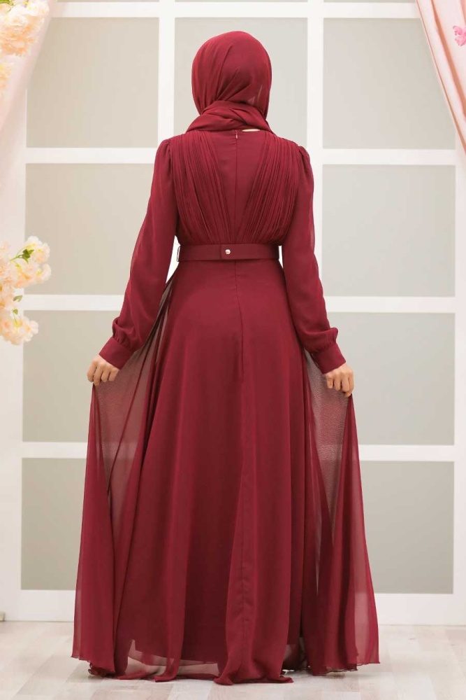 Tesettürlü Abiye Elbiseler - Tokalı Kemerli Bordo Tesettür Abiye Elbise 27690BR - 3