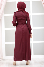 Tesettürlü Abiye Elbiseler - Tokalı Kemerli Bordo Tesettür Abiye Elbise 43650BR - Thumbnail