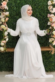 Tesettürlü Abiye Elbiseler - Tokalı Kemerli Ekru Tesettür Abiye Elbise 27690E - Thumbnail