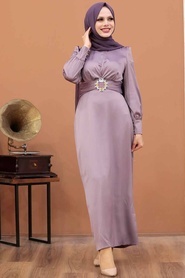 Tesettürlü Abiye Elbiseler - Tokalı Kemerli Lila Tesettür Abiye Elbise 43650LILA - Thumbnail