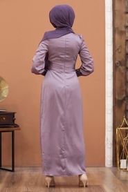 Tesettürlü Abiye Elbiseler - Tokalı Kemerli Lila Tesettür Abiye Elbise 43650LILA - Thumbnail