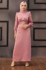 Tesettürlü Abiye Elbiseler - Tokalı Kemerli Pudra Tesettür Abiye Elbise 43650PD - Thumbnail