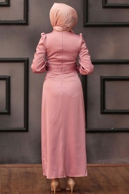 Tesettürlü Abiye Elbiseler - Tokalı Kemerli Pudra Tesettür Abiye Elbise 43650PD - Thumbnail