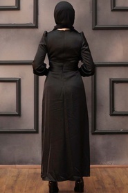 Tesettürlü Abiye Elbiseler - Tokalı Kemerli Siyah Tesettür Abiye Elbise 43650S - Thumbnail
