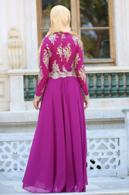 Tesettürlü Abiye Elbiseler - Üstü Dantel Detaylı Fuşya Abiye Elbise 76465F - Thumbnail