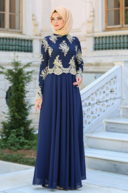 Tesettürlü Abiye Elbiseler - Üstü Dantel Detaylı Lacivert Abiye Elbise 76465L - Thumbnail