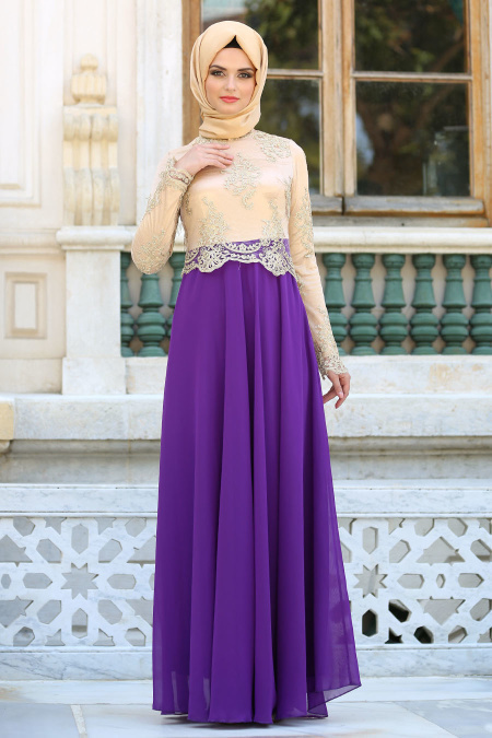 Tesettürlü Abiye Elbiseler - Üstü Dantel Detaylı Mor Abiye Elbise 76465MOR