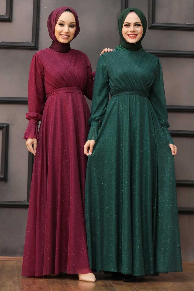 Tesettürlü Abiye Elbiseler - Vişne Tesettür Abiye Elbise 22202VSN - 3