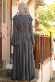 Tesettürlü Abiye Elbiseler - Volan Kollu Füme Tesettür Abiye Elbise 3631FU - Thumbnail