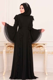 Tesettürlü Abiye Elbiseler - Volan Kollu Siyah Tesettür Abiye Elbise 3631S - Thumbnail