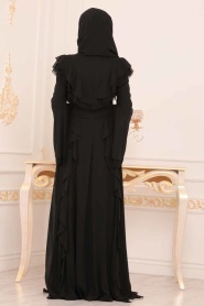 Tesettürlü Abiye Elbiseler - Volan Kollu Siyah Tesettür Abiye Elbise 3631S - Thumbnail