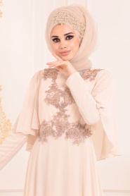 Tesettürlü Abiye Elbiseler - Yarasa Kol Bej Tesettür Abiye Elbise 37870BEJ - Thumbnail
