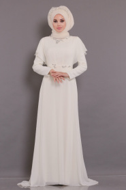 Tesettürlü Abiye Elbiseler - Yarasa Kol Ekru Tesettür Abiye Elbise 3784E - Thumbnail