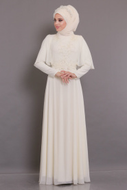 Tesettürlü Abiye Elbiseler - Yarasa Kol Ekru Tesettür Abiye Elbise - 37870E - Thumbnail