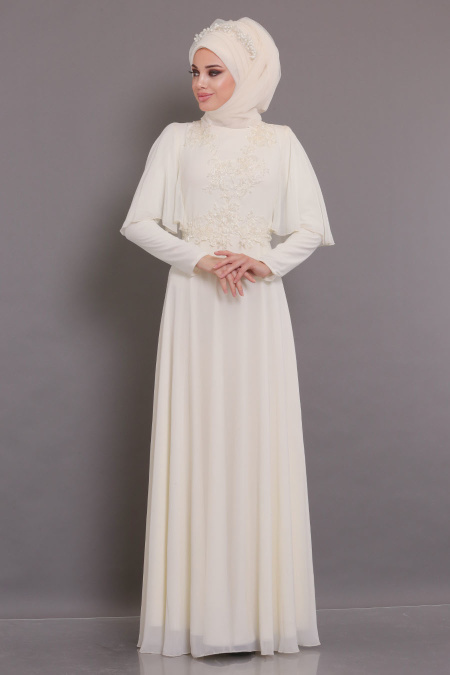 Tesettürlü Abiye Elbiseler - Yarasa Kol Ekru Tesettür Abiye Elbise - 37870E