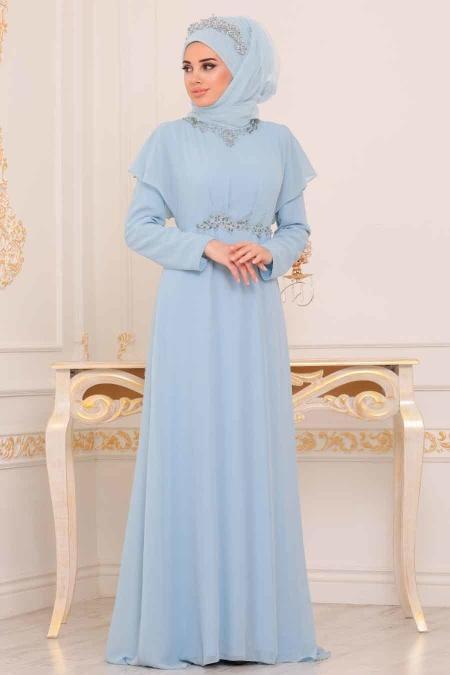 Tesettürlü Abiye Elbiseler - Yarasa Kol Mavi Tesettür Abiye Elbise 3784M