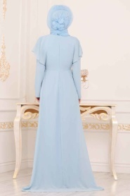 Tesettürlü Abiye Elbiseler - Yarasa Kol Mavi Tesettür Abiye Elbise 3784M - Thumbnail
