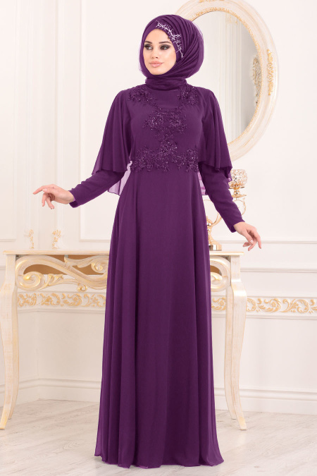 Tesettürlü Abiye Elbiseler - Yarasa Kol Mürdüm Tesettür Abiye Elbise - 37870MU