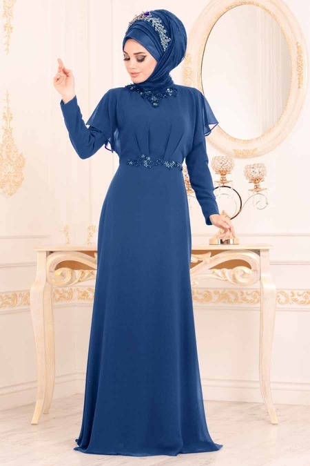 Tesettürlü Abiye Elbiseler - Yarasa Kol Sax Mavisi Tesettür Abiye Elbise 3784SX