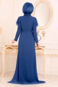 Tesettürlü Abiye Elbiseler - Yarasa Kol Sax Mavisi Tesettür Abiye Elbise 3784SX - Thumbnail