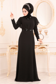 Tesettürlü Abiye Elbiseler - Yarasa Kol Siyah Tesettür Abiye Elbise 3784S - Thumbnail