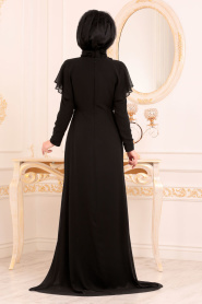 Tesettürlü Abiye Elbiseler - Yarasa Kol Siyah Tesettür Abiye Elbise 3784S - Thumbnail