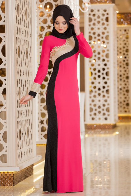 Tesettürlü Abiye - Fuchsia HijabEvening Dress 3808F