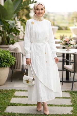 Tie Belted White Modest Dress 20162B - 1