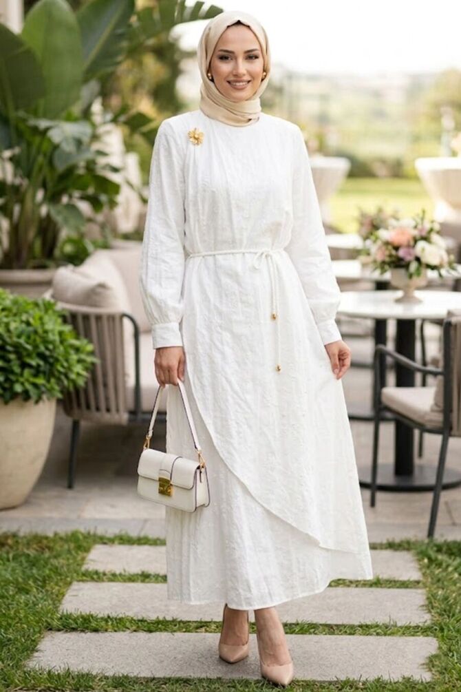 Tie Belted White Modest Dress 20162B - 1