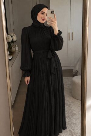 Tie Collared Pleated Black Modest Evening Dress 79851S 