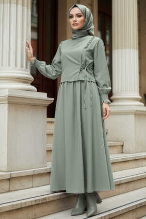 Tie Detailed Almond Green Modest Dress 20324CY 