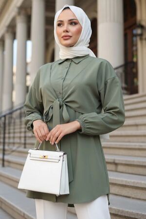 Tie Detailed Almond Green Modest Tunic 20316CY 