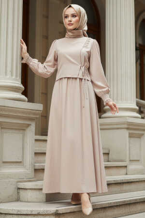 Tie Detailed Beige Modest Dress 20324BEJ 
