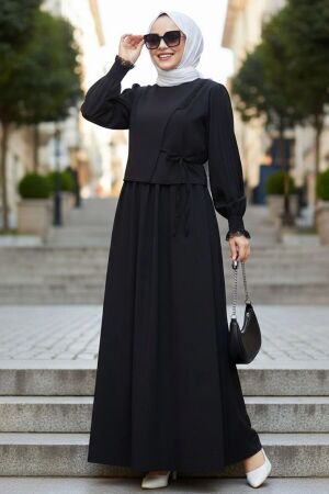 Tie Detailed Black Modest Dress 20324S 